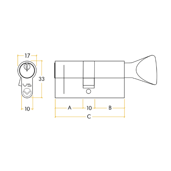 Zoo Hardware Vier V5 70mm Cylinder & Turn - Keyed to Differ - dimensions