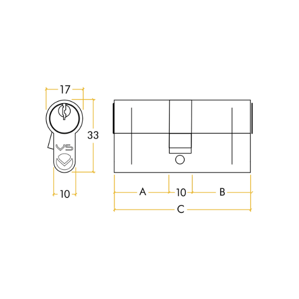 Zoo Hardware Vier V5 70mm Euro Double Cylinder - Keyed to Differ - dimensions