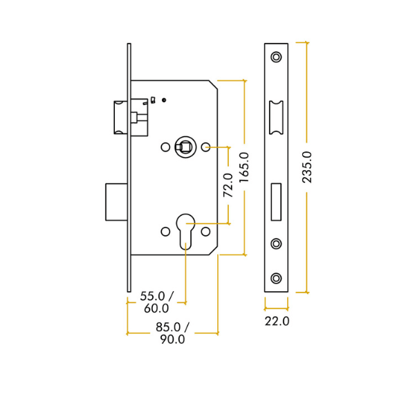 Zoo Hardware Vier Din Euro Sashlock - Backset 60mm - dimensions