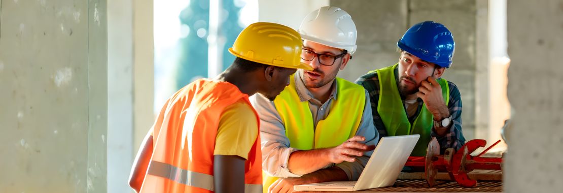 3 construction workers discussing over laptop