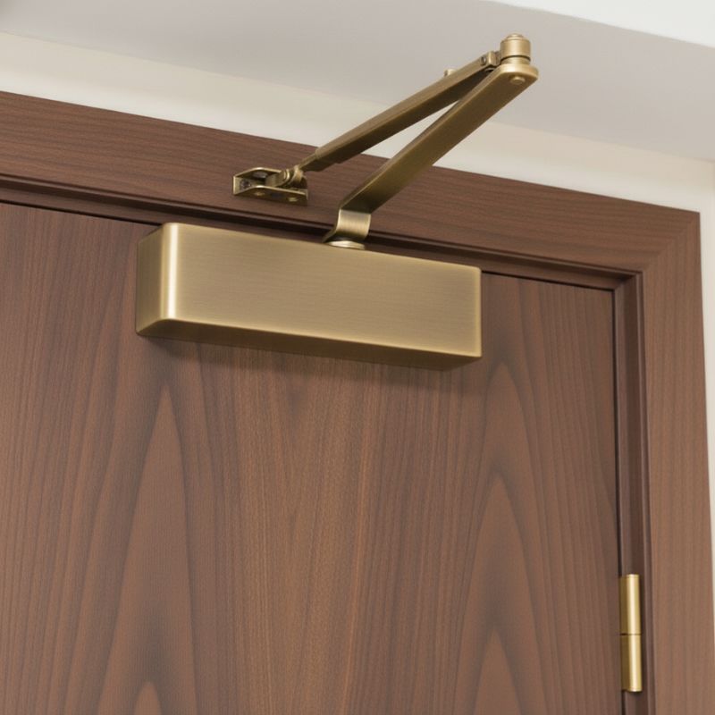 Eclipse 73 door closer antique brass mounted on fire door